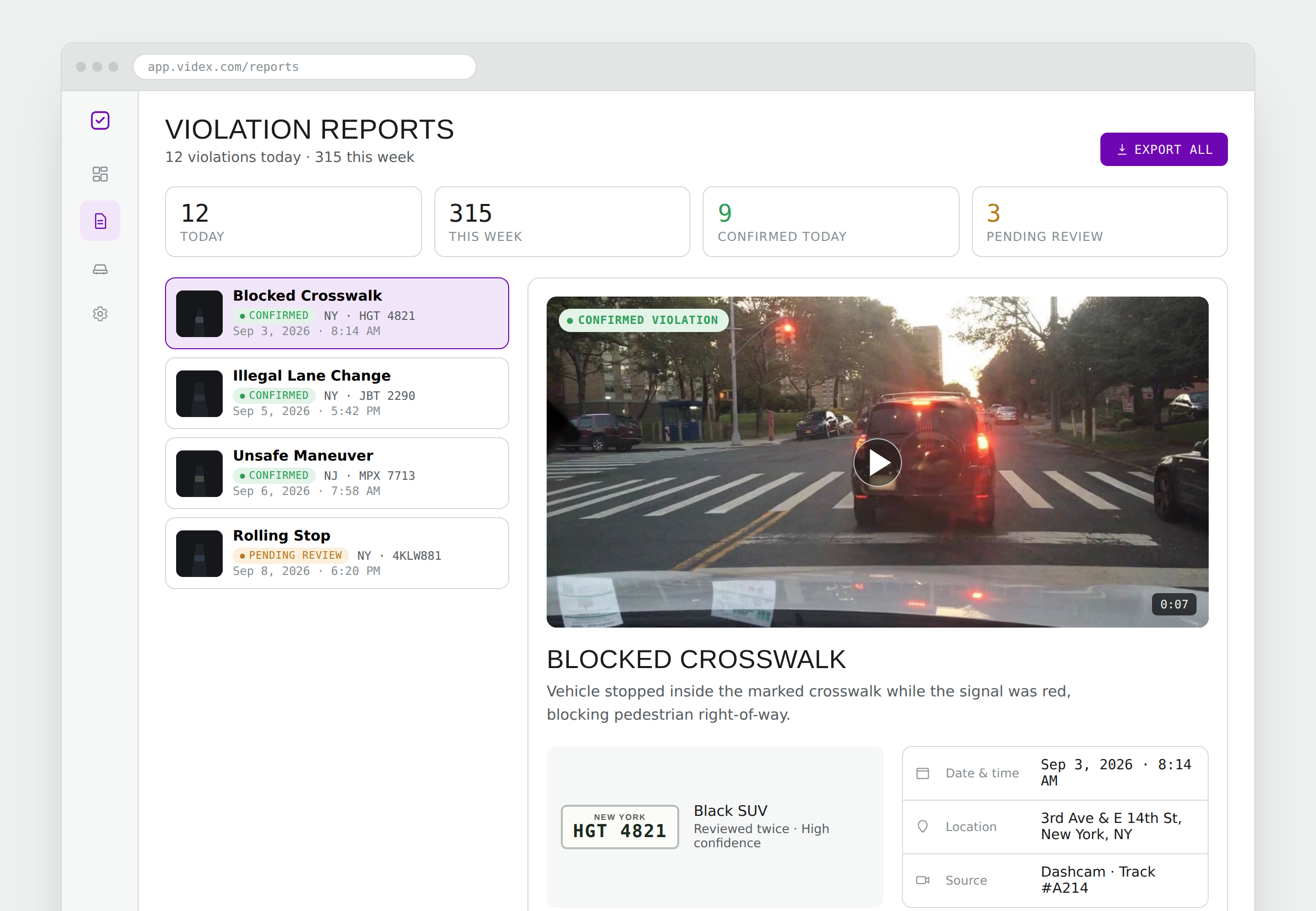 Videx violation reports dashboard showing a list of flagged violations and a detail panel for a confirmed blocked crosswalk case.